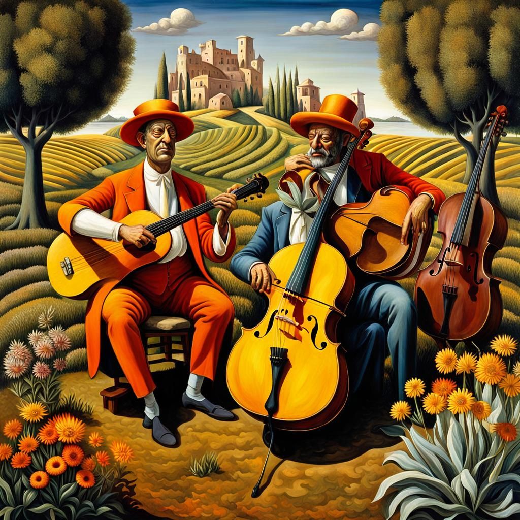 Musicians in a Colorful Landscape, Oil Painting Style