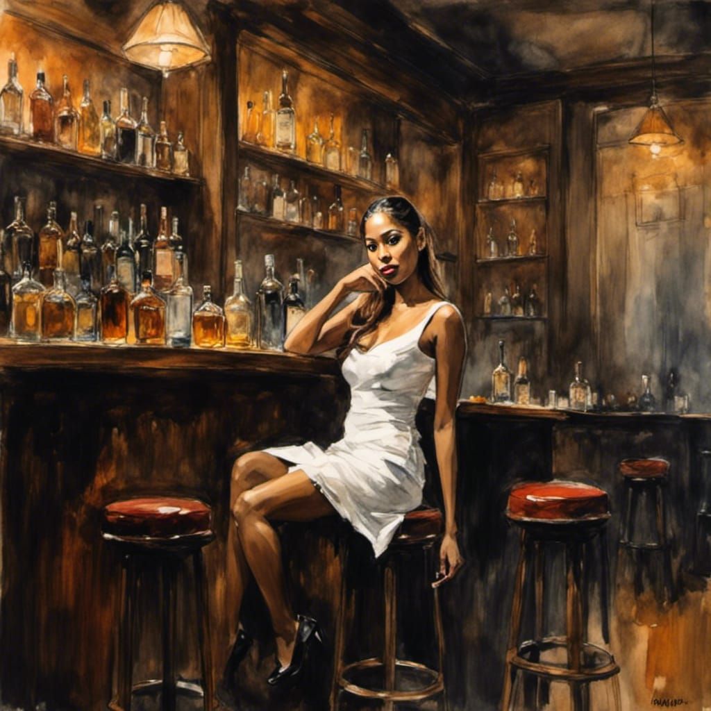 Dark Bar Scene with Woman in White Dress