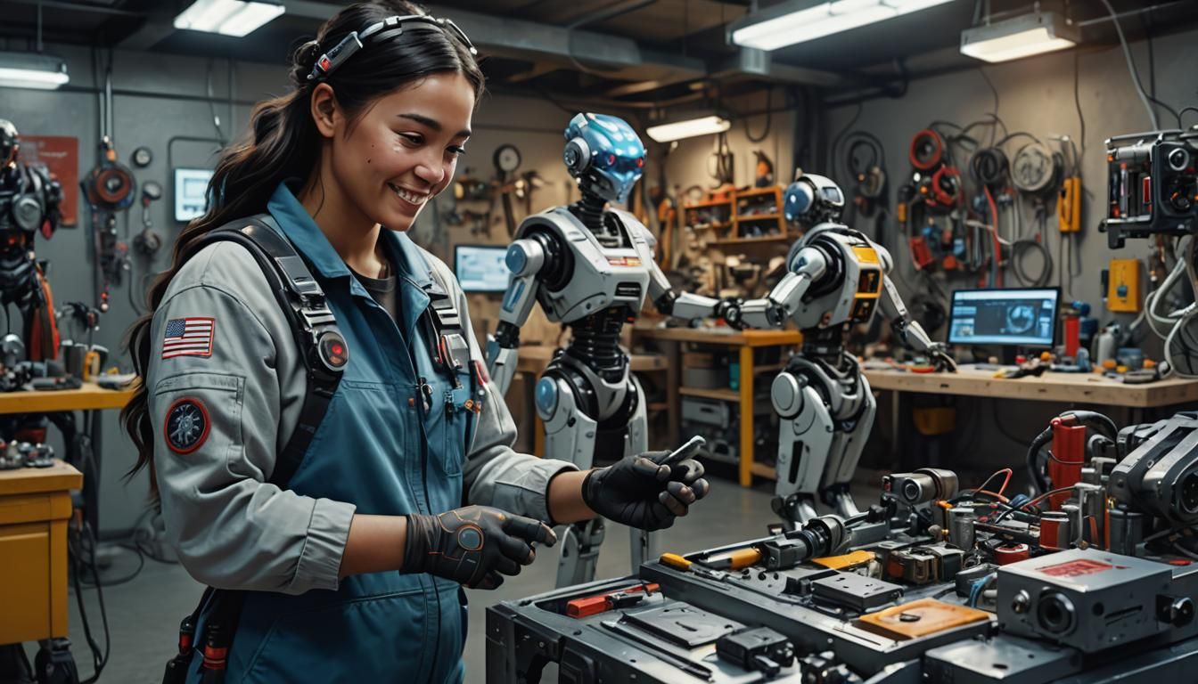 Pregnant Mechanic Repairs Robot Companion in Sci-Fi Workshop