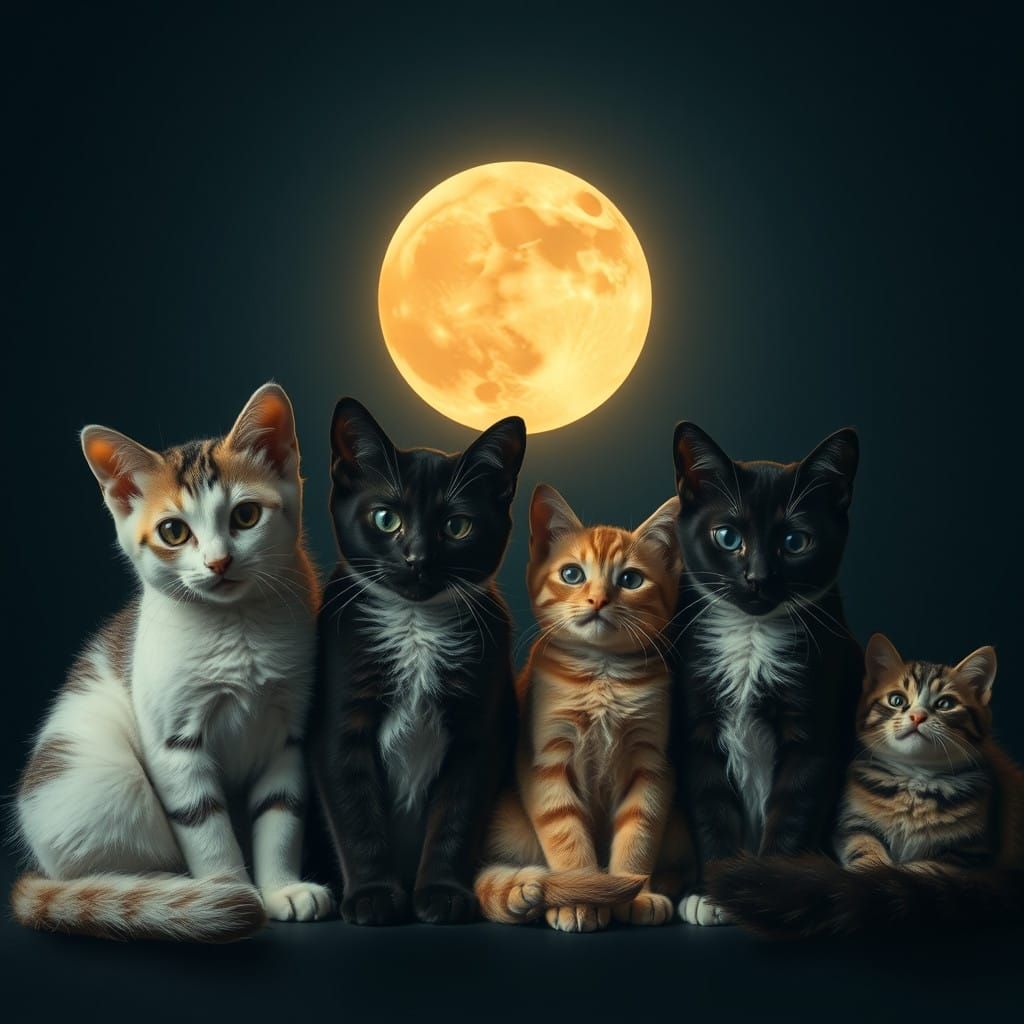 Cute Cats Under New Moonlight in Postmodernist Photography