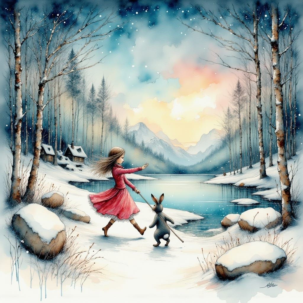 Woman and Rabbit Dance in Winter Wonderland