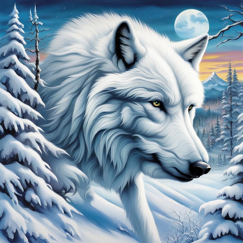 Mystical White Wolf in Winter Tattoo Landscape