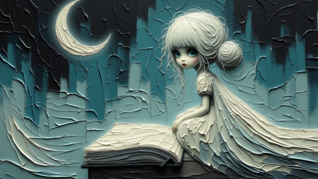 Moonchild Looks Up From Ancient Book in Celestial Light