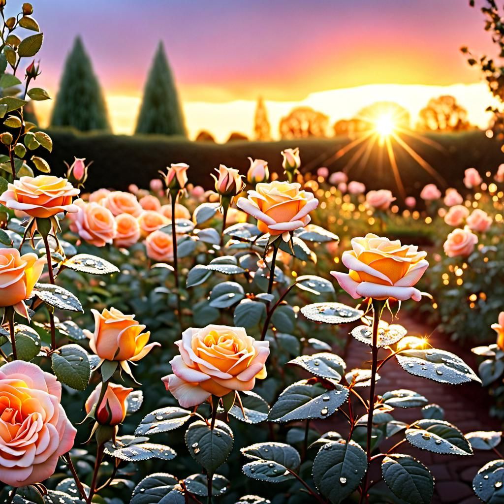 Rose Garden at Sunset in Springtime Bloom