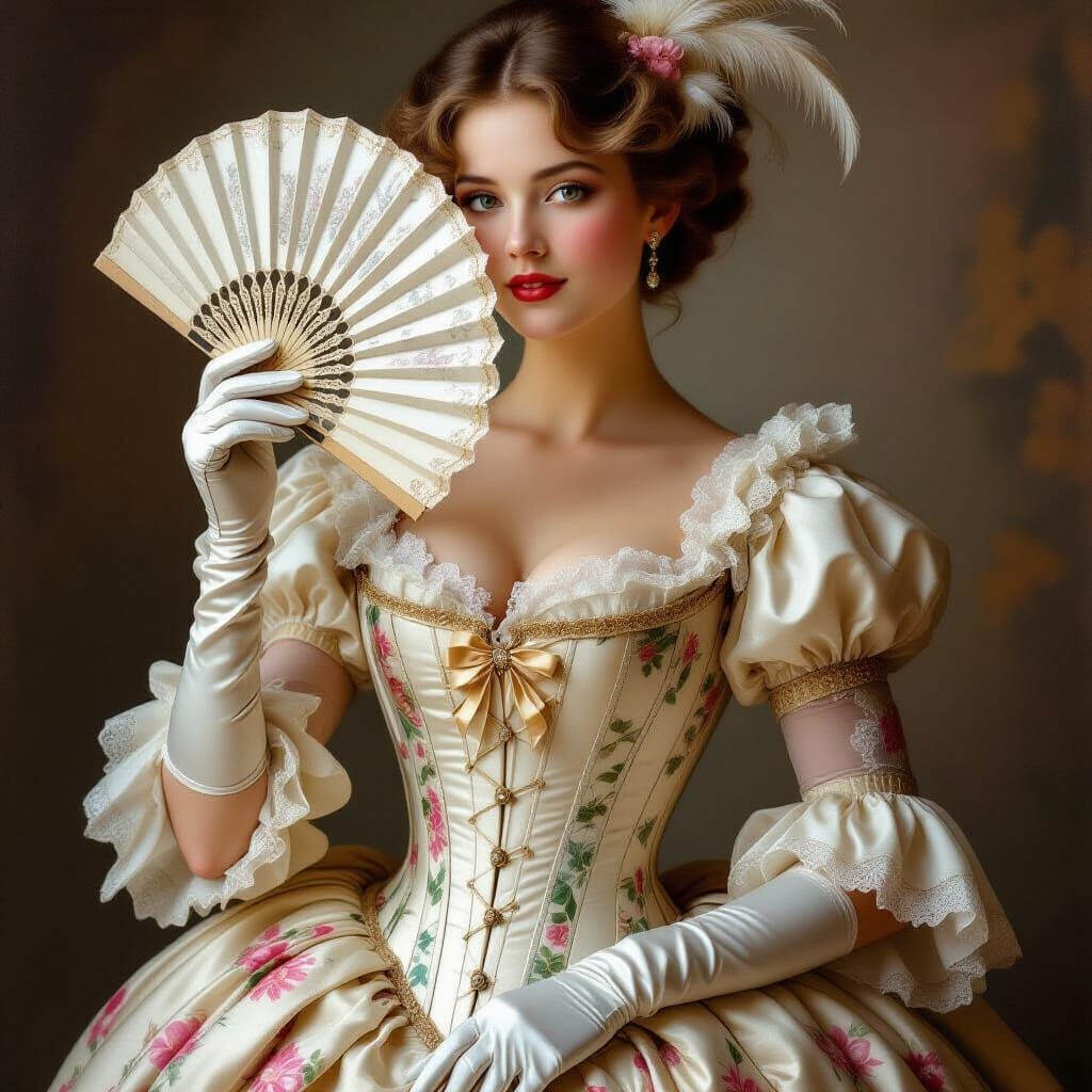 Elegant Lady in 1750s Corset with Feathered Fan