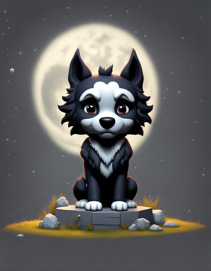 Anthropomorphic Black Wolf Howling at Moon in Cemetery