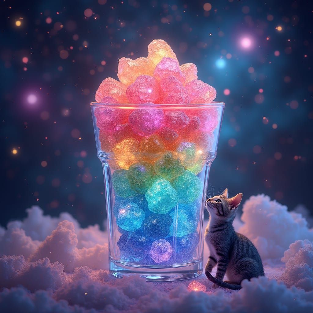 Vibrant Ices, Cute Cat, Holographic Astral Illustration