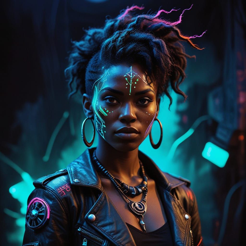 Fierce Cyberpunk Rebel Leader in Neon-Lit Metamorphosed