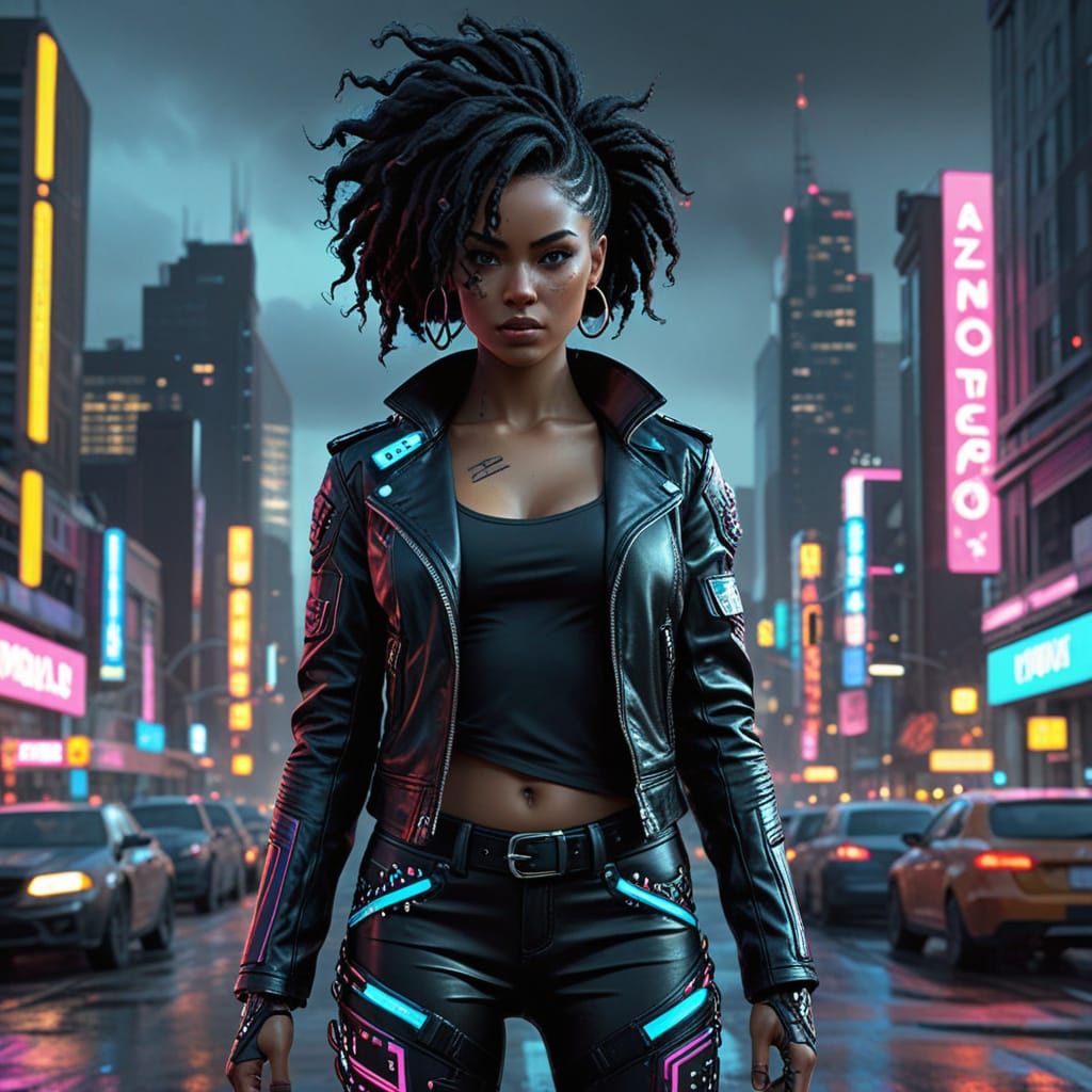 Comic Book-Inspired Heroine in Neon-Lit Metropolis