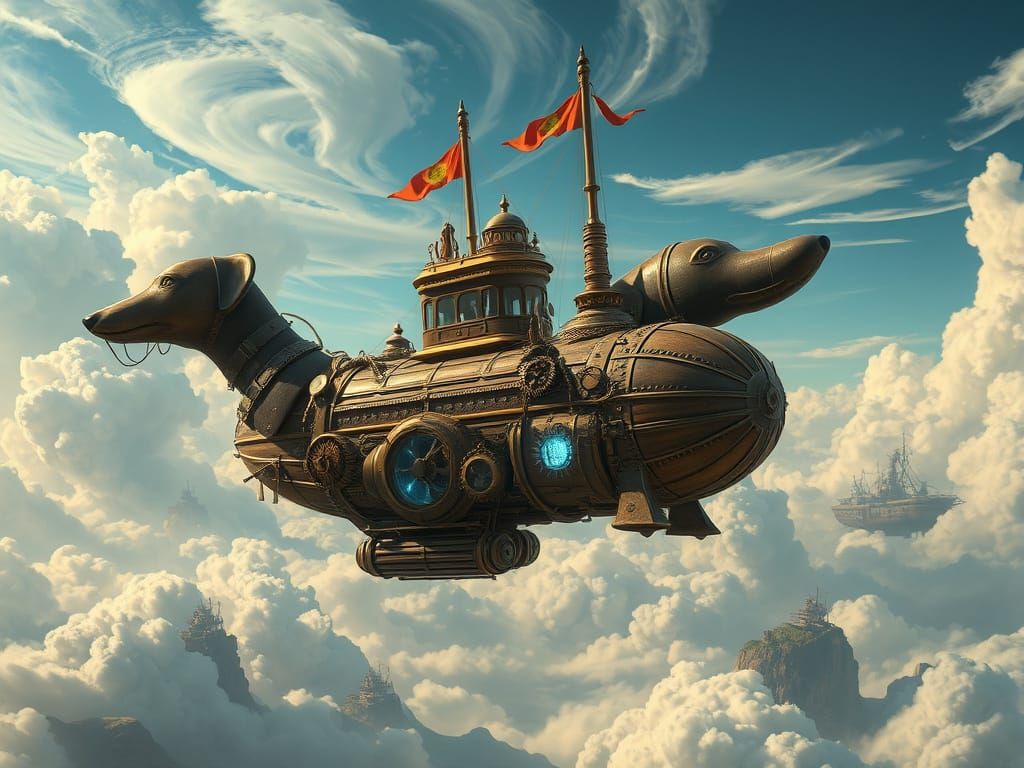 Steampunk Dachshund Airship Soaring Through Fantasy Skies