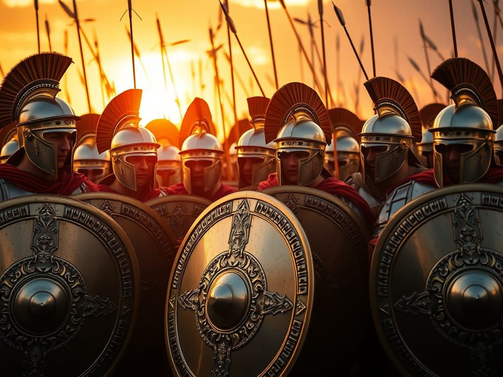 Roman Legionnaires Stand Firm Against Arrows in Golden Light