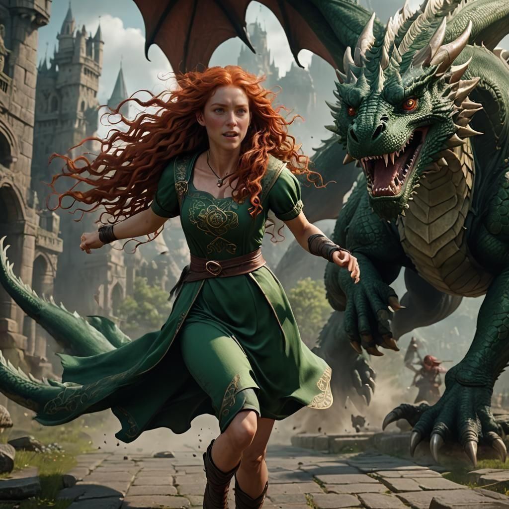 Girl Running from Dragon: Detailed Fantasy Art