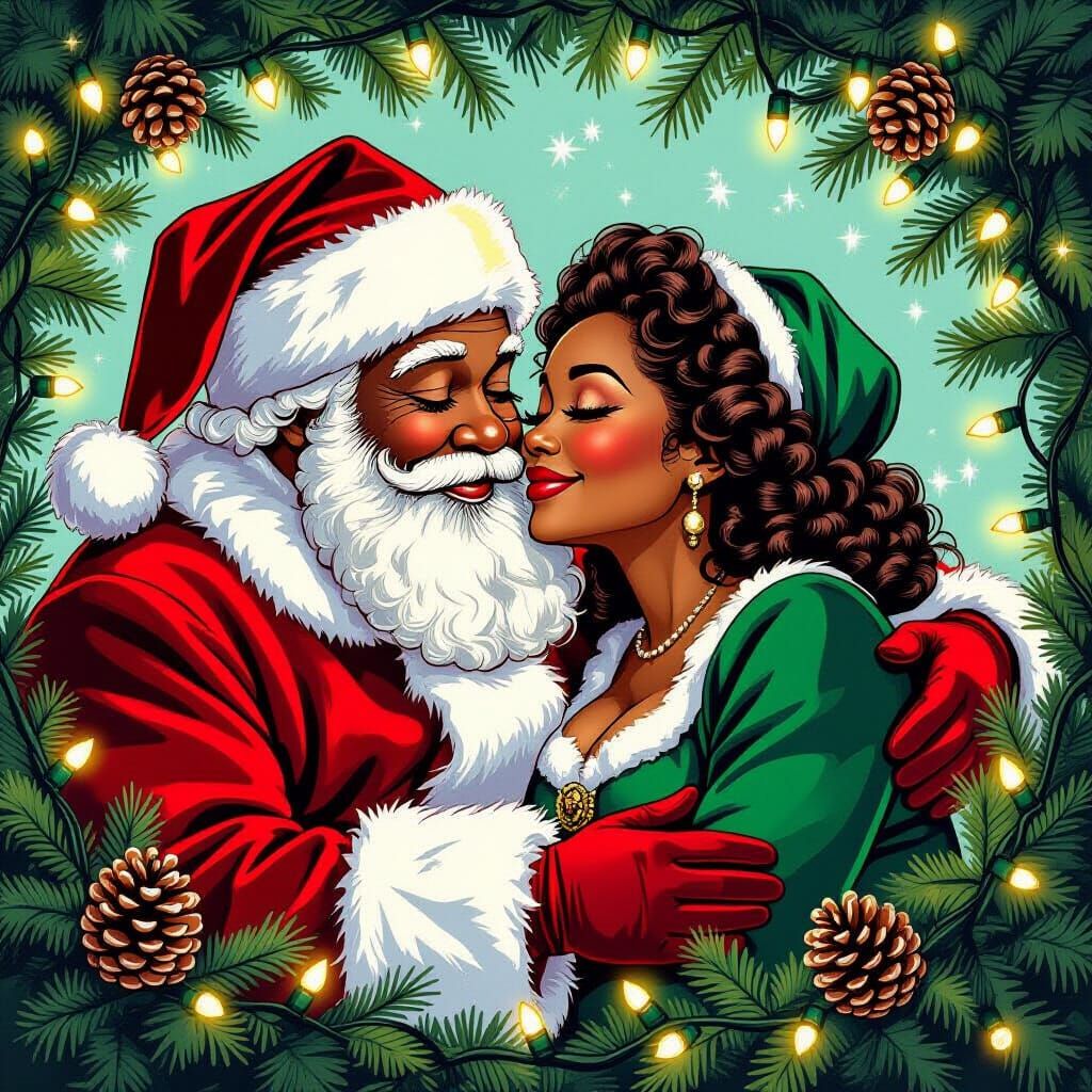 African American Santa and Mrs Claus Share a Kiss
