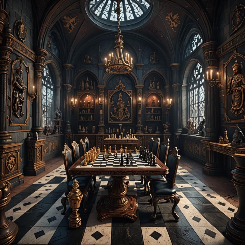 Chess Checkmate in Gothic Room, Pointillized Style