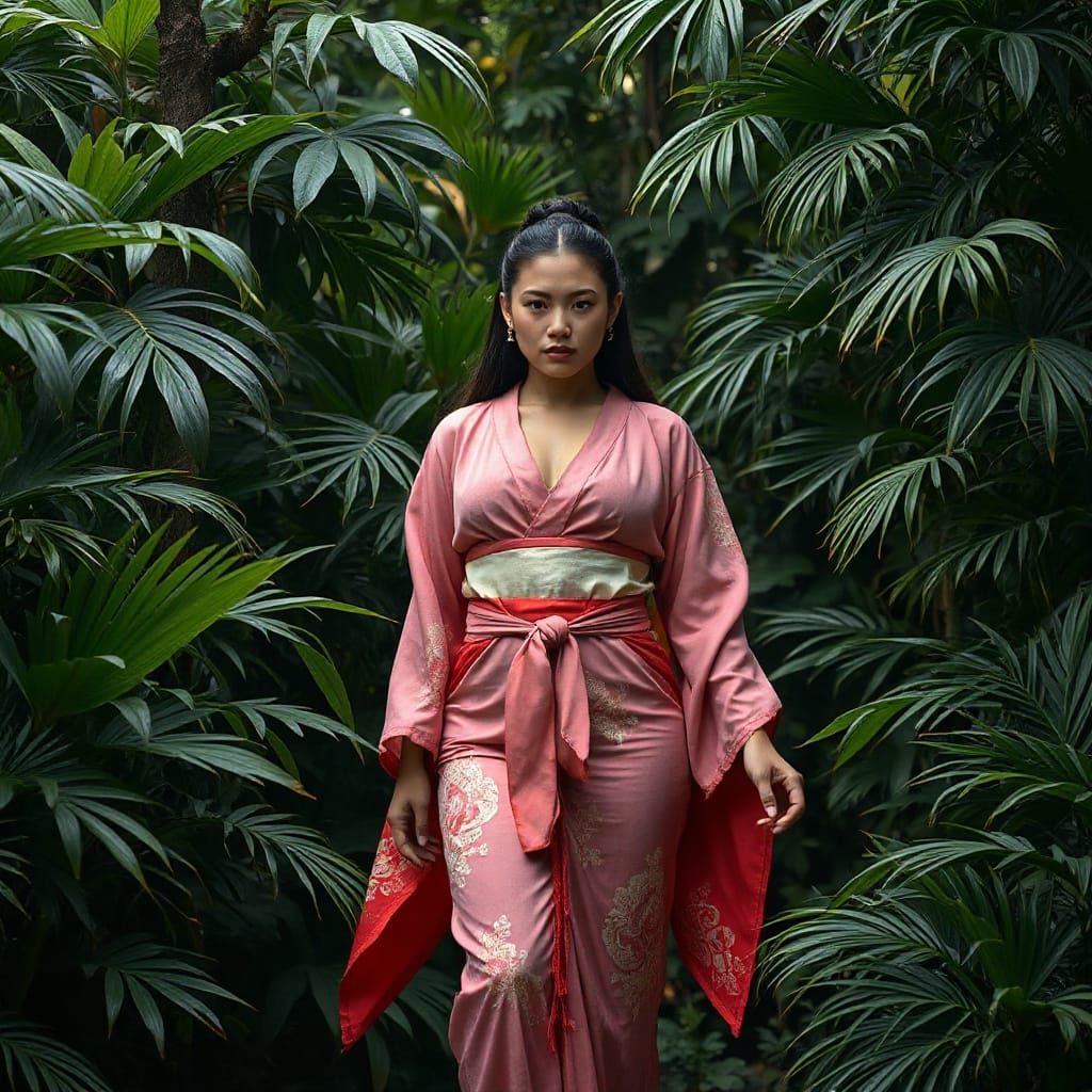 Woman in Kimono Emerging from Tropical Forest
