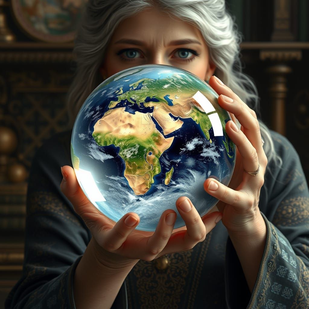 Woman Protects Earth in Glass Sphere