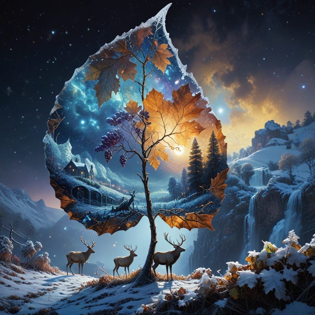 Grape Vines Under Starry Night Sky in Frosty Vineyard