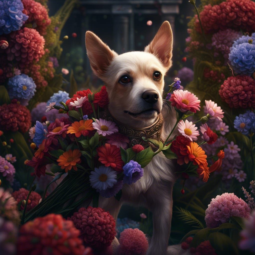 Dog with Flowers: Detailed Fantasy Concept Art