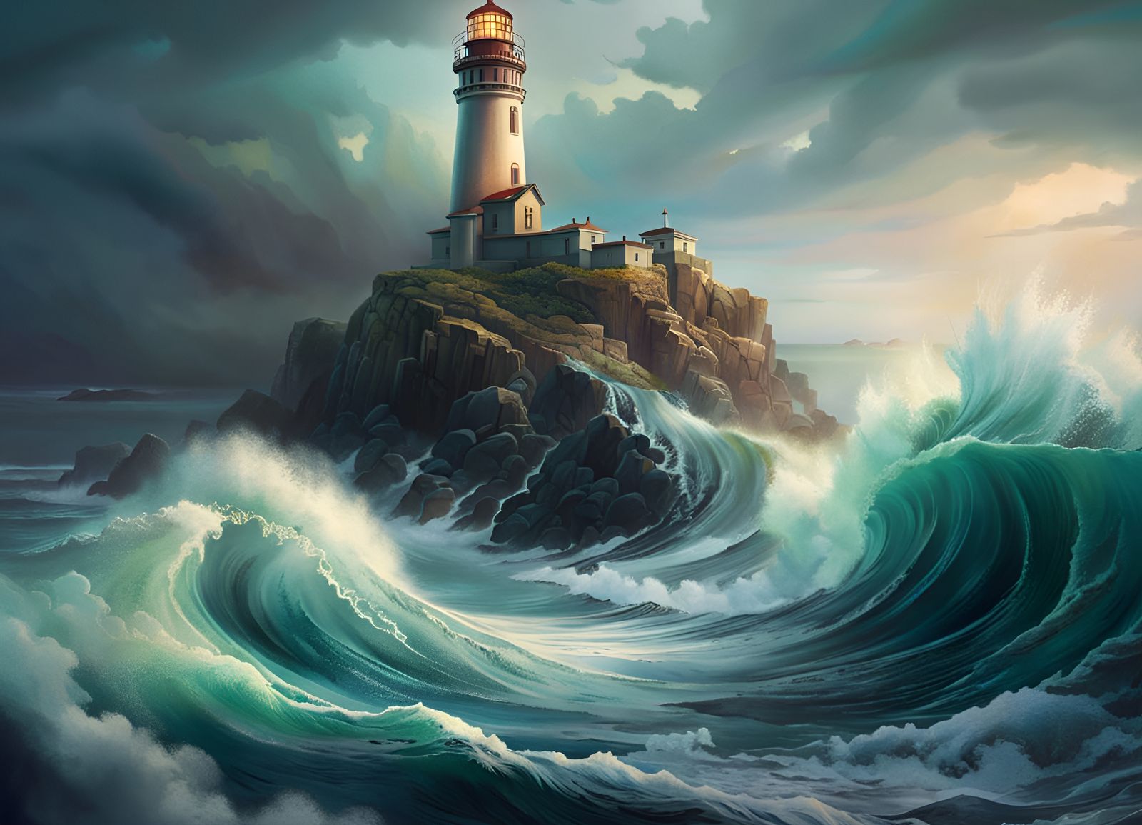 Stormy Coastline Lighthouse in Art Nouveau Style