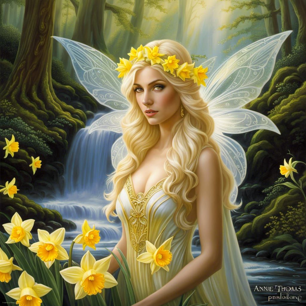 Daffodil and amber attractive fairy in Elveden forest waterfall clearing