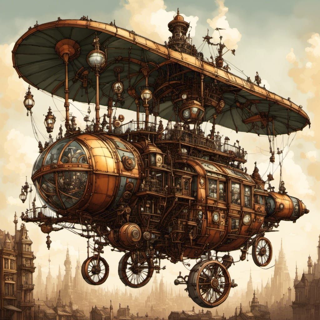 Steampunk Flying Machine in Flight