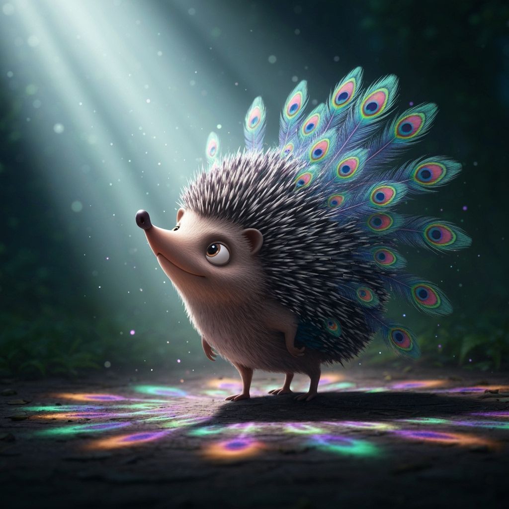 Hedgehog Peacock Hybrid in Dreamlike Forest