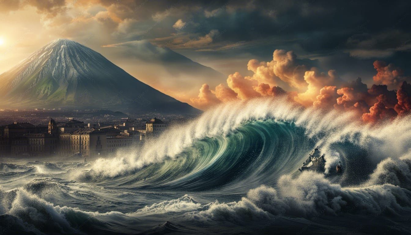 Epic Tsunami Approaching Vesuvio: Matte Painting