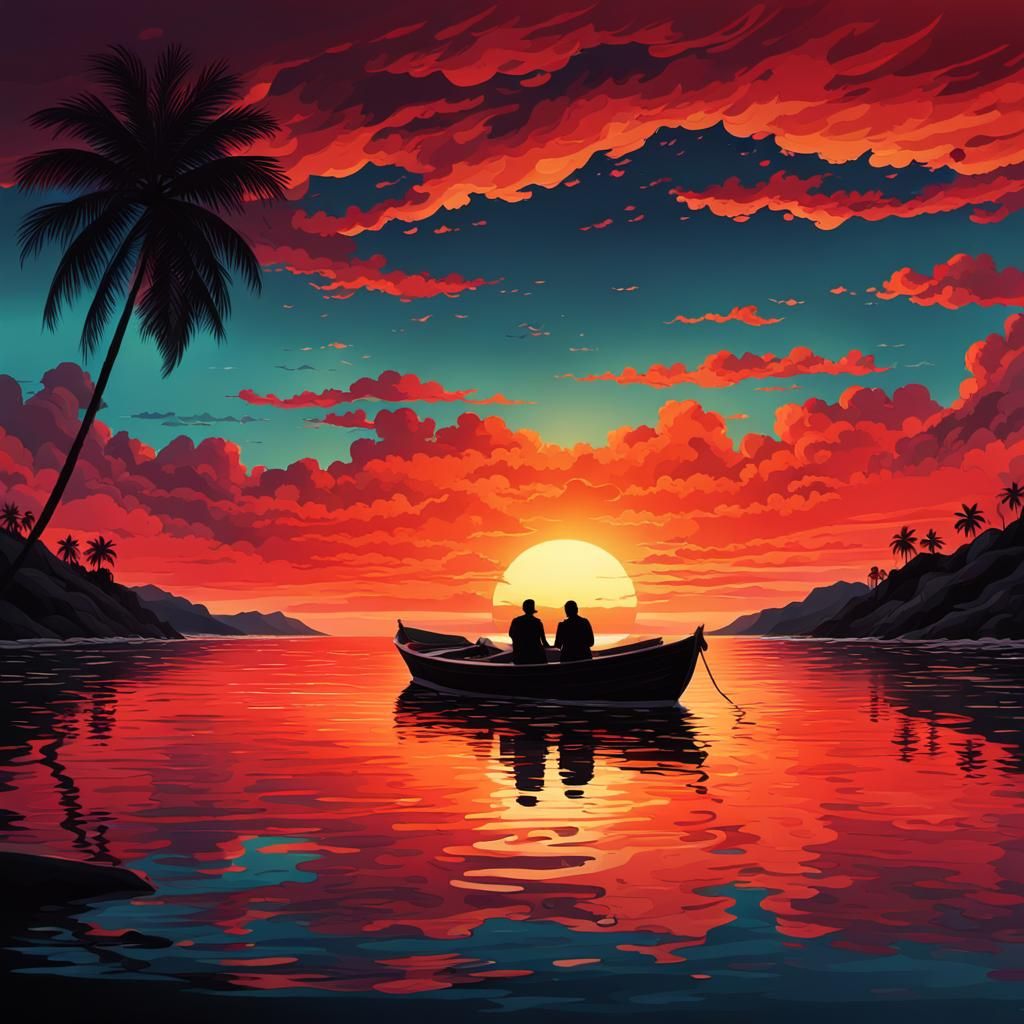 Romantic Sunset Silhouette on a Boat in 8k