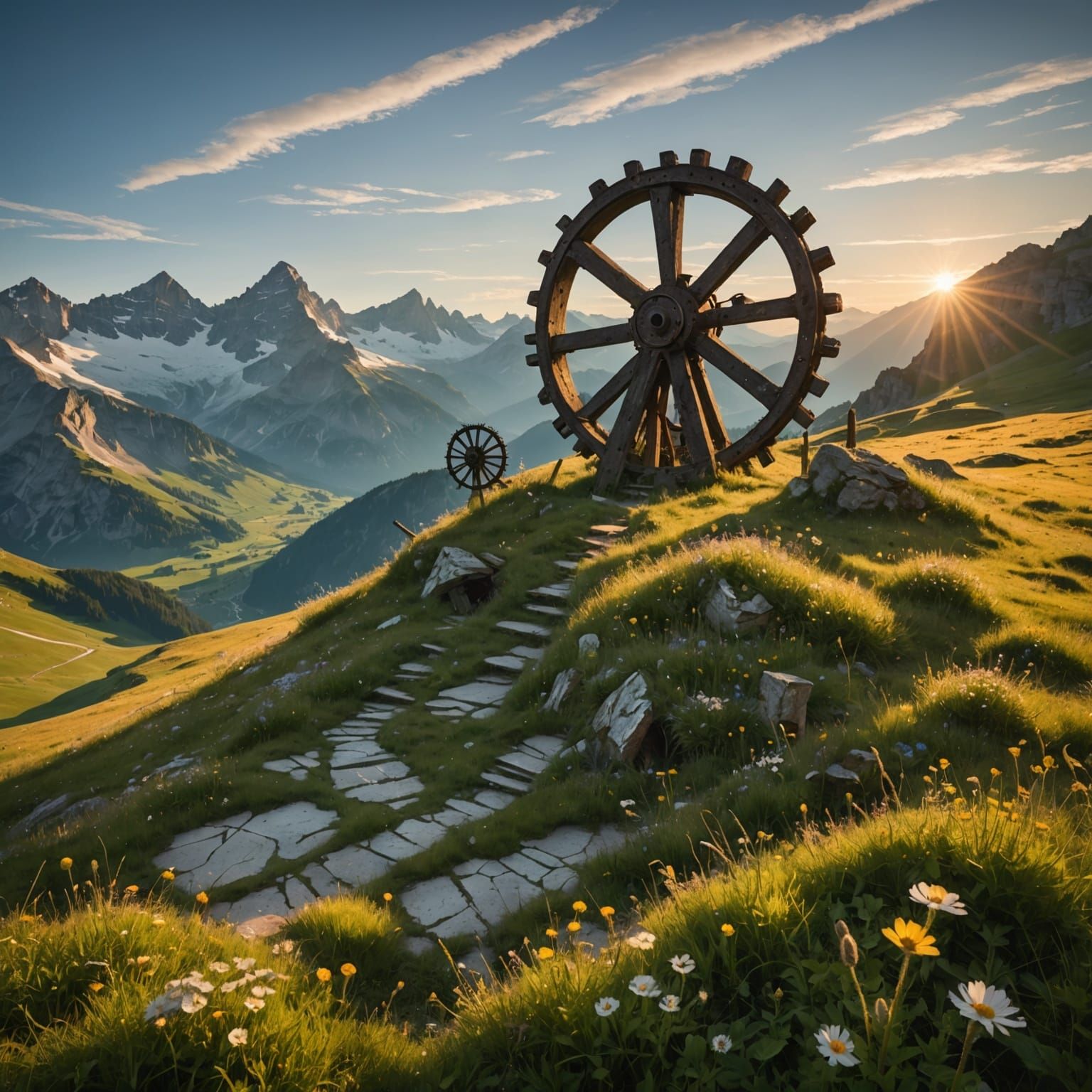 Surreal Alpine Meadow at Dawn with Crystal Clockwork Decay