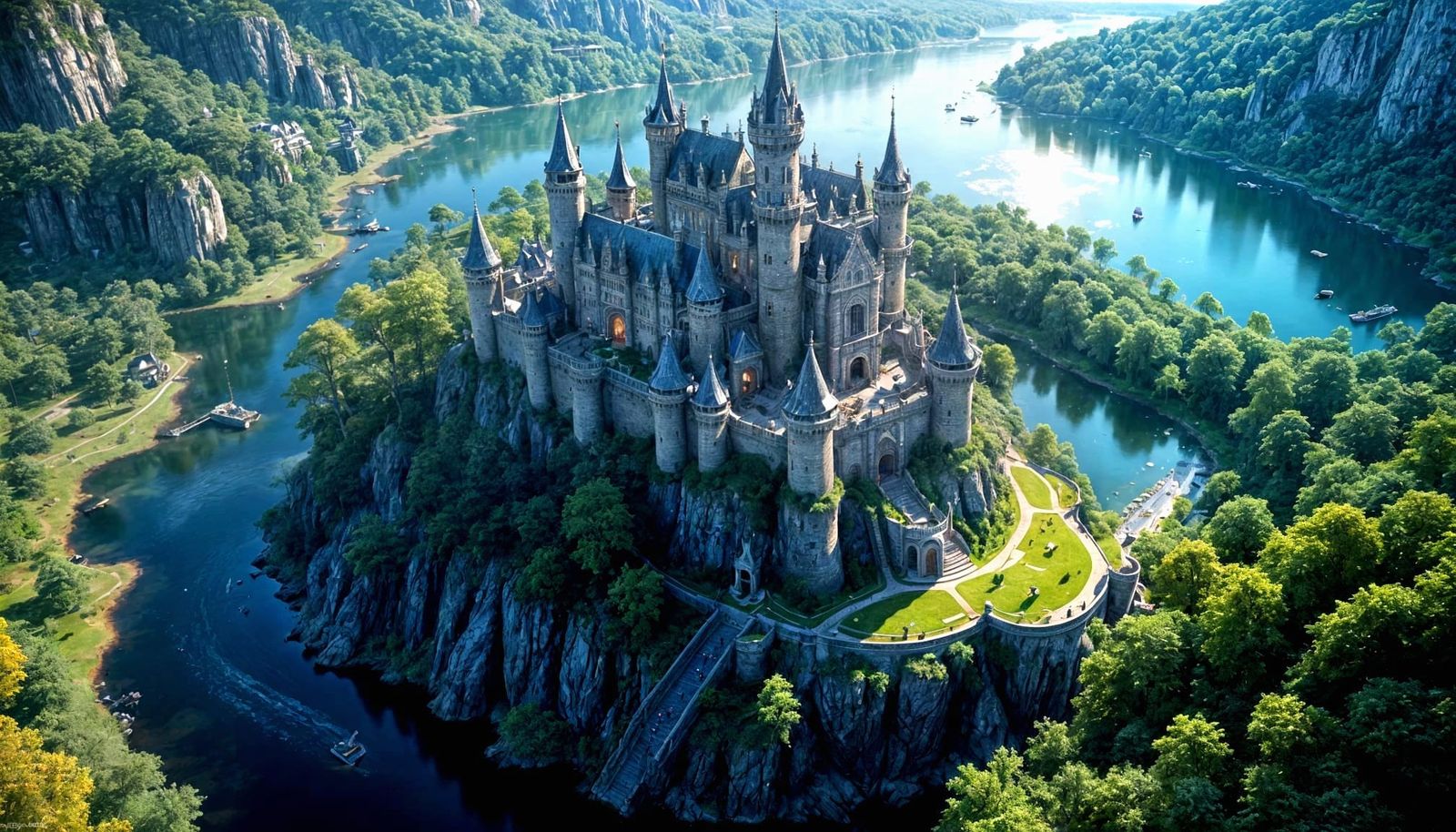 Aerial View of Intricate Castle on Lake