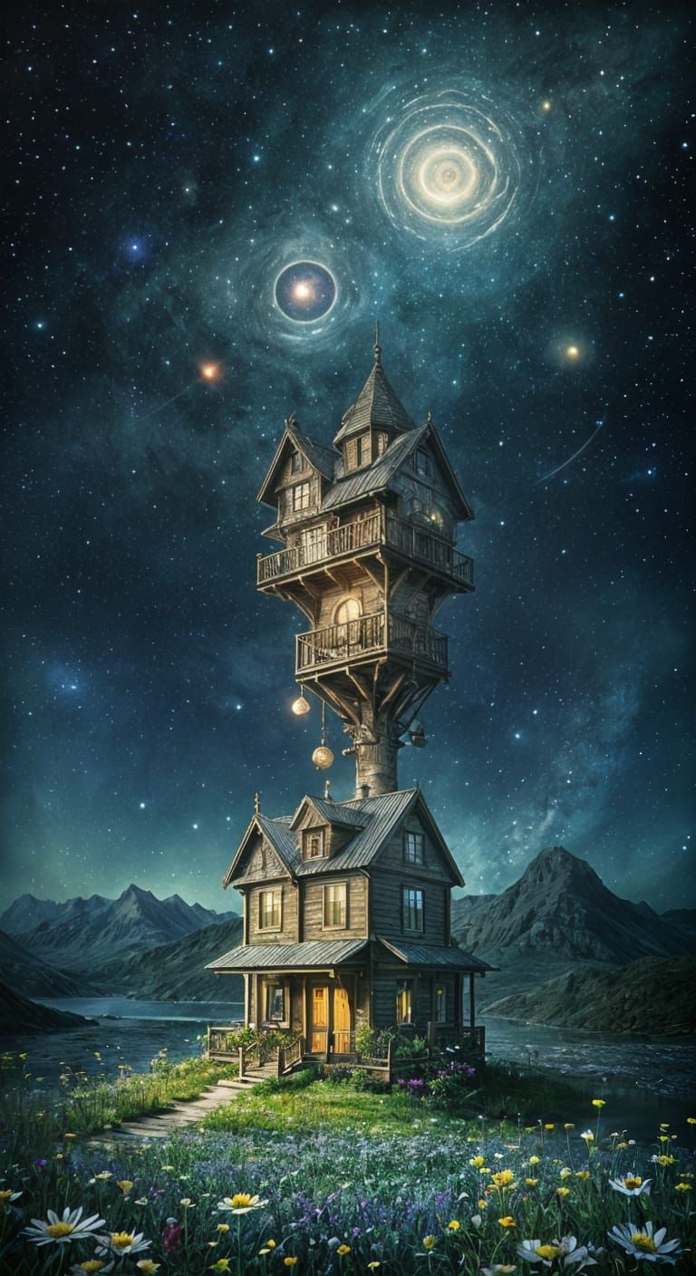 Surreal Birdhouse in Flower Meadow: Digital Watercolor