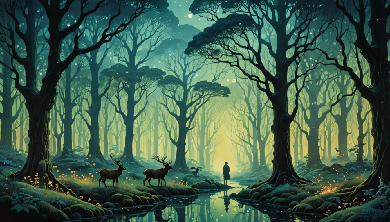 Enchanted Forest Landscape with Curious Creatures