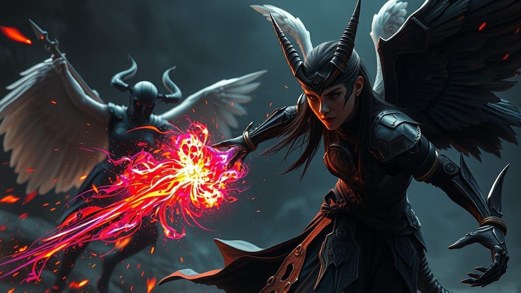 Celestial Guard Woman Battles Winged Warrior