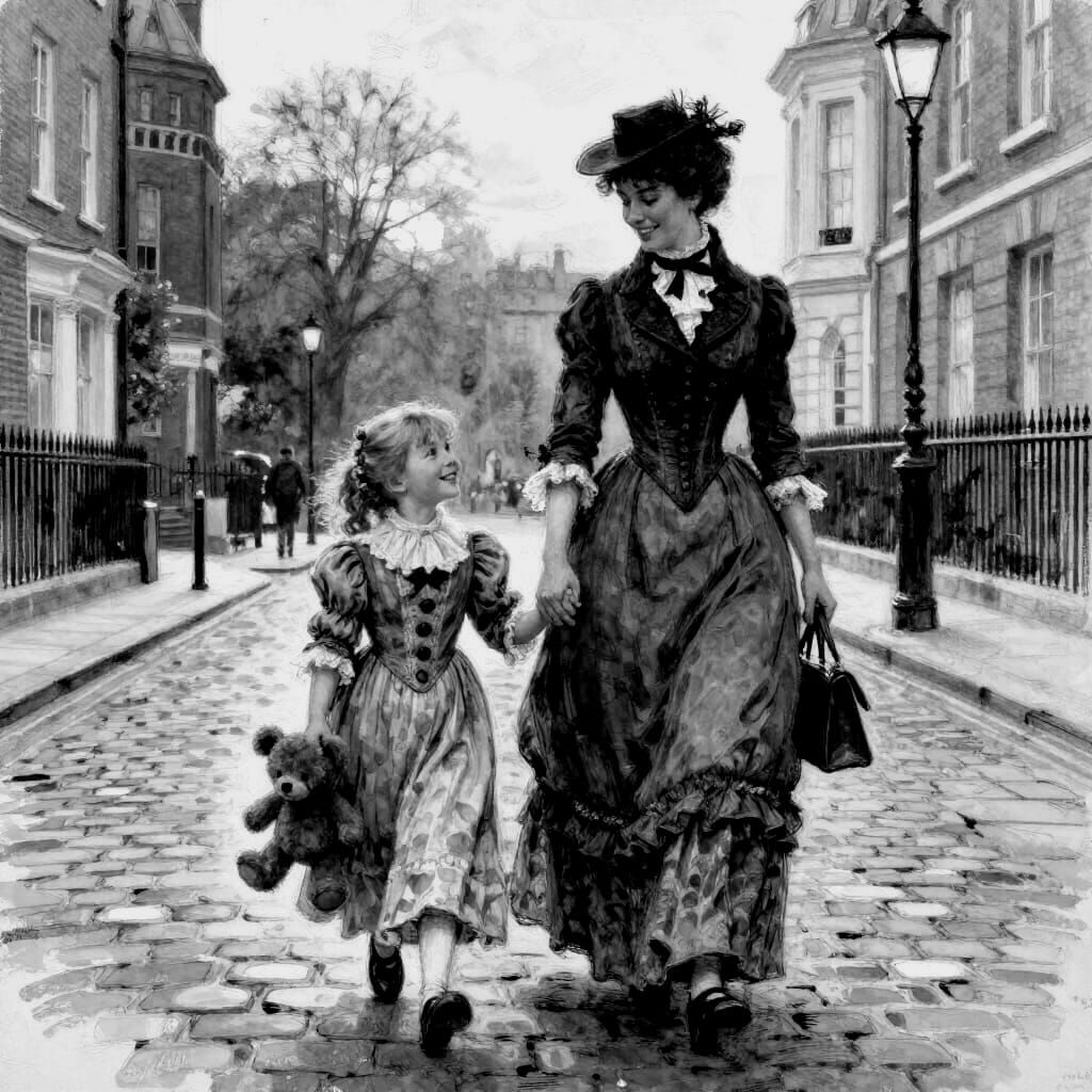 Victorian Lady and Child in London Sketch
