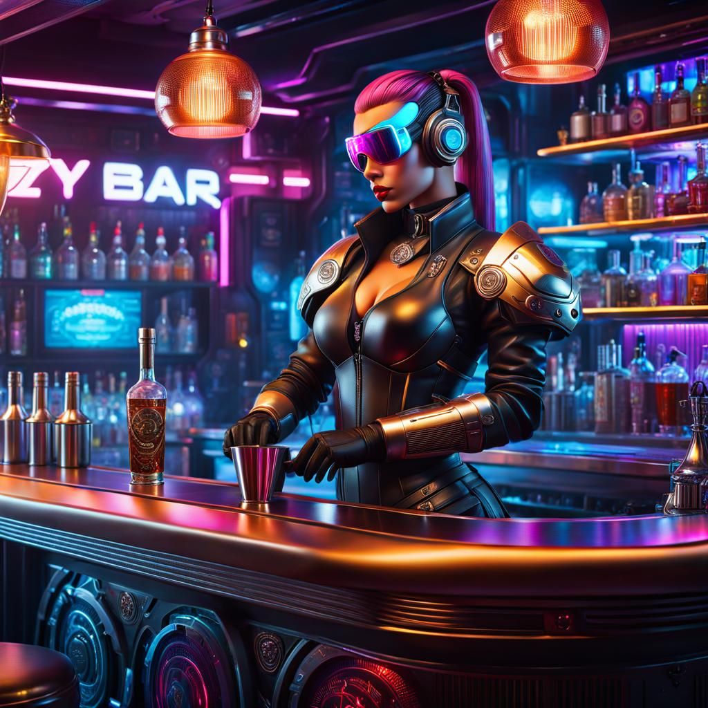 Cyberpunk Cyborg Bartender in Cozy Bar