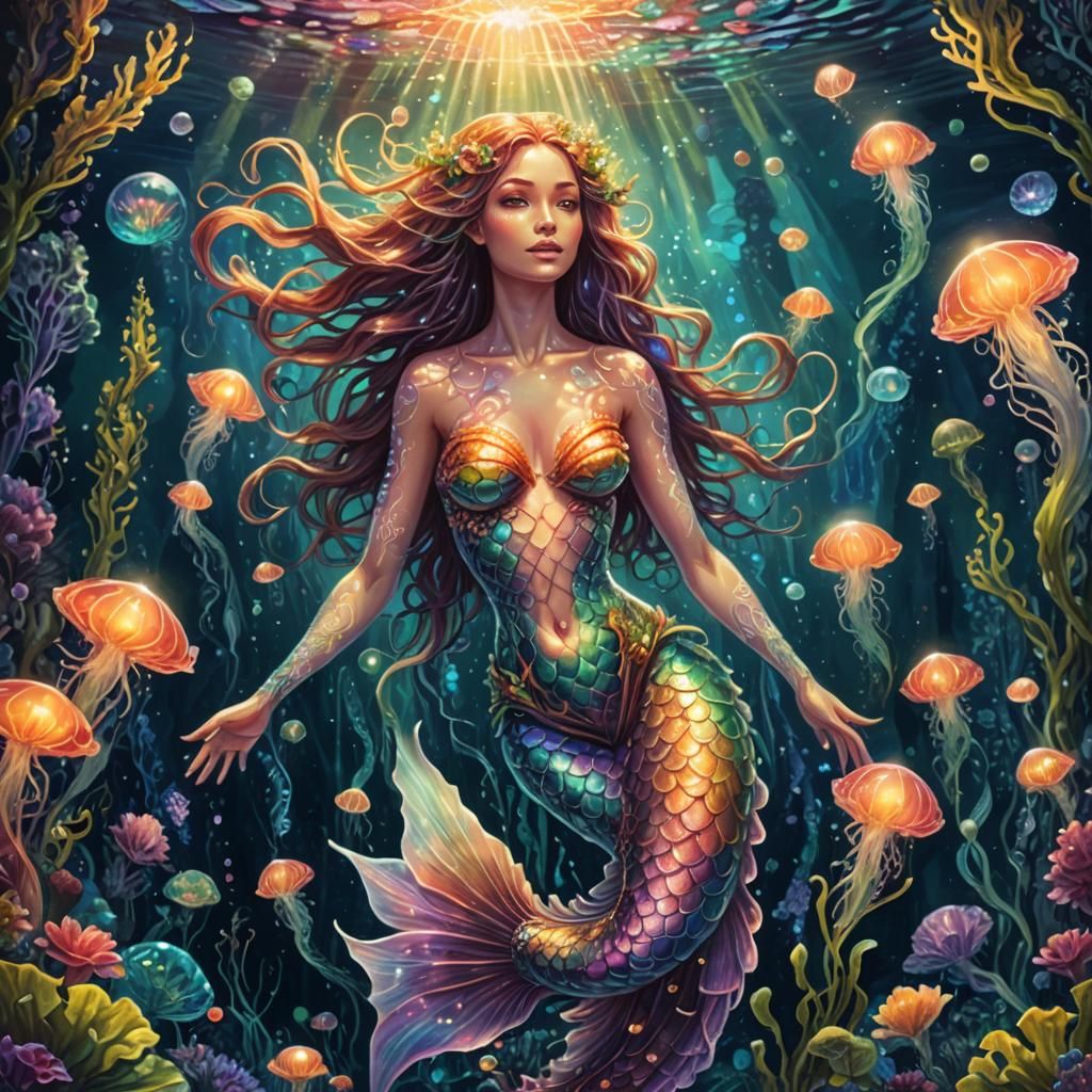 Bioluminescent Mermaid in Visionary Cosmic Art