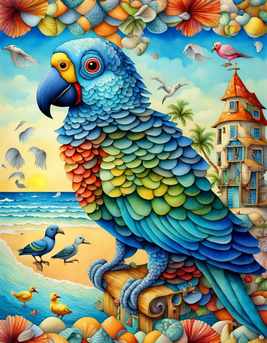 Colorful Parrot on Beach Holiday, in Picasso Style