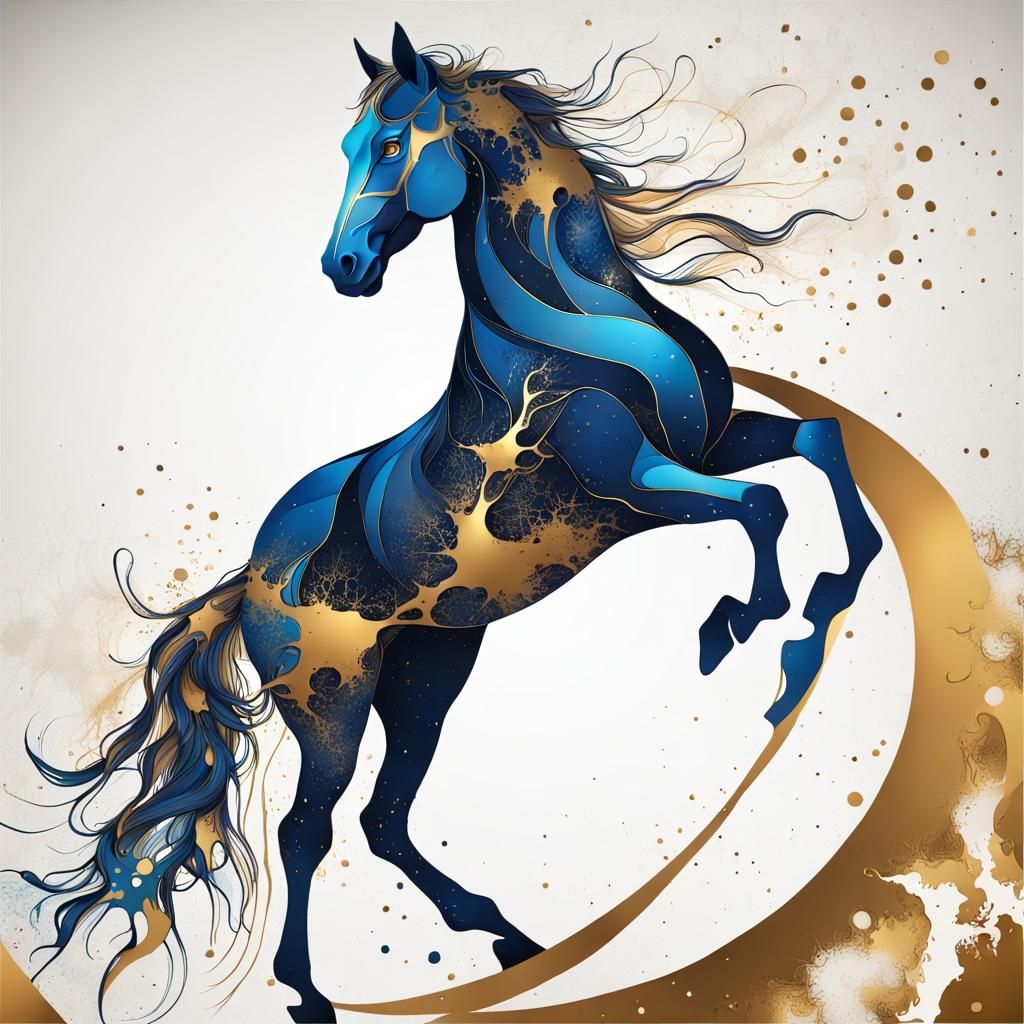 Neo-Primitivism Horse with Ink Splashes and Constellations