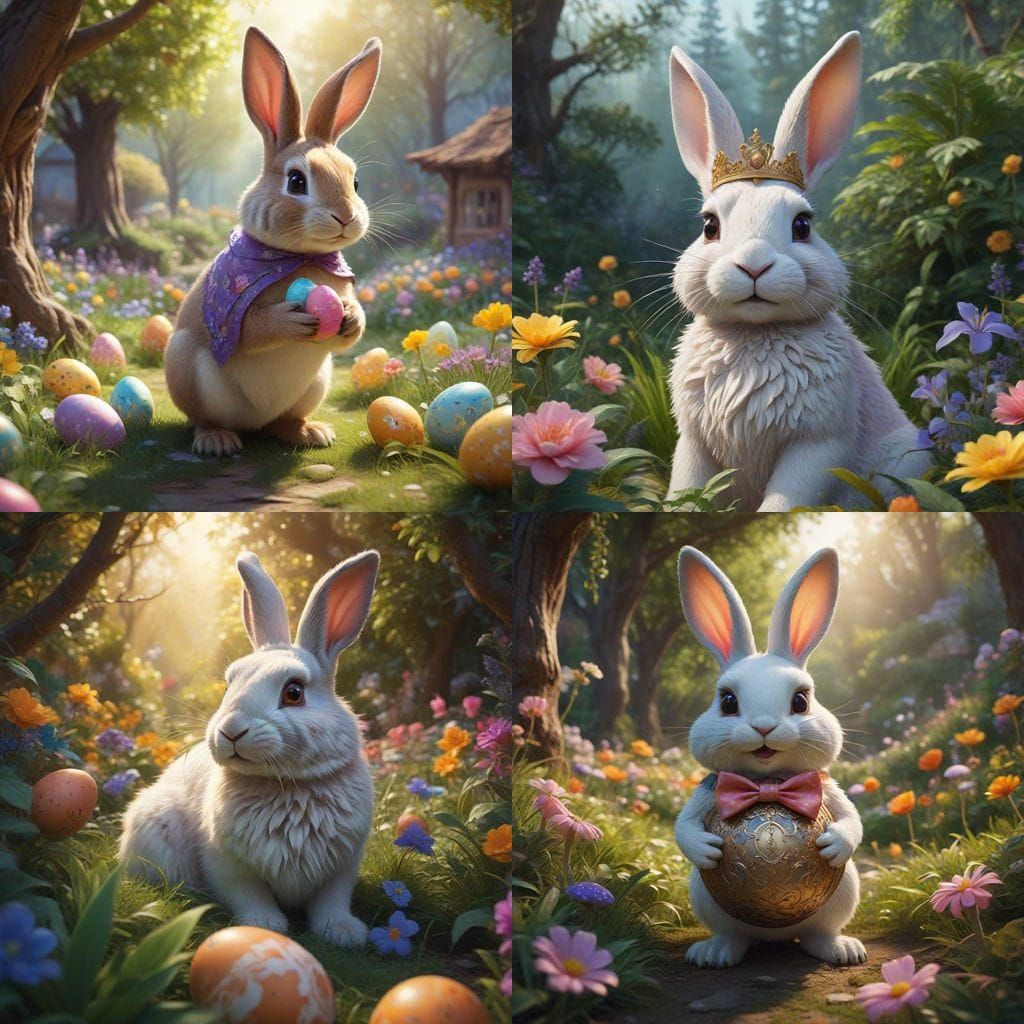 Whimsical Easter Bunny in Vibrant Fantasy Landscape