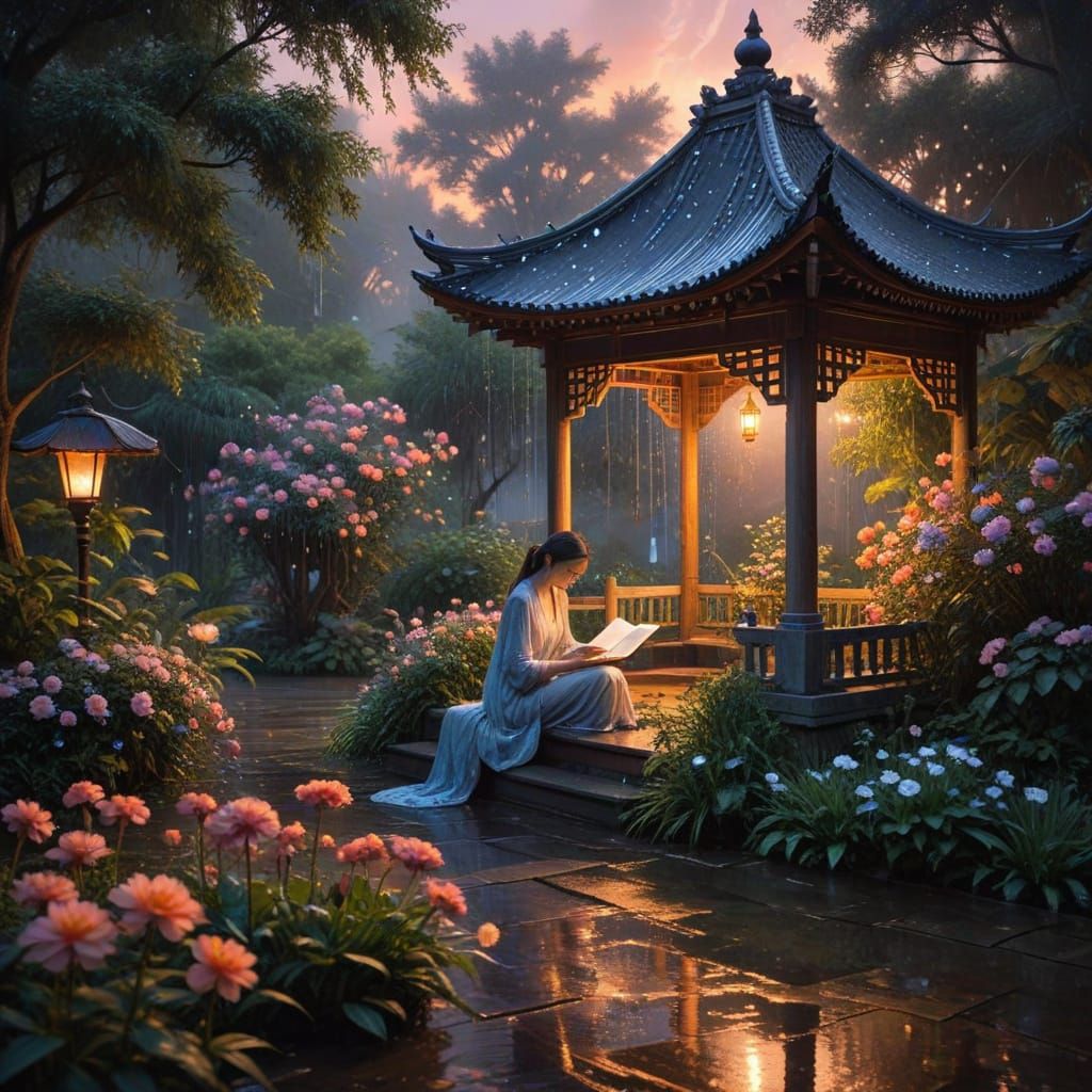 Woman Reading in Rainy Garden Pagoda, Watercolor Painting
