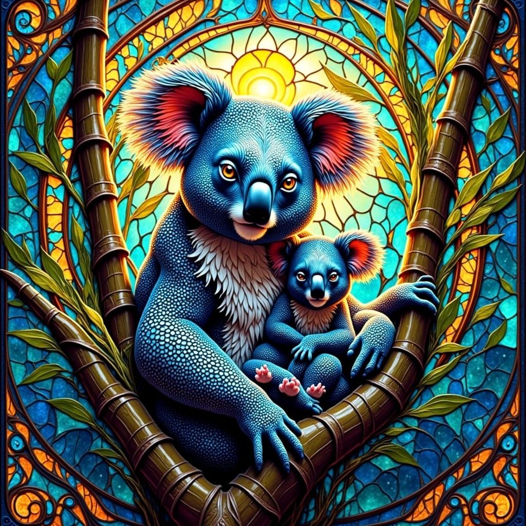 Koala Family in Stained Glass Fractal Art