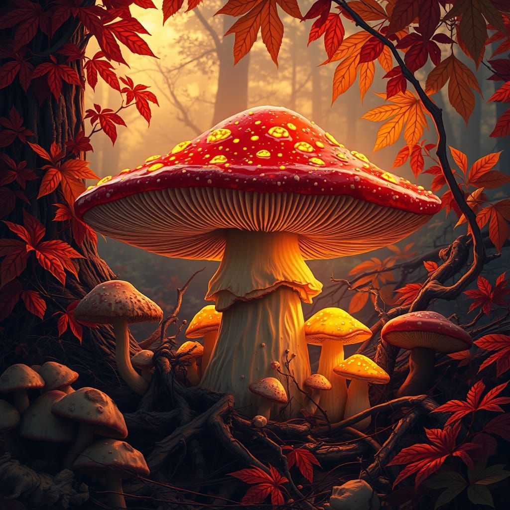 Glowing Red Mushroom in Vibrant Forest