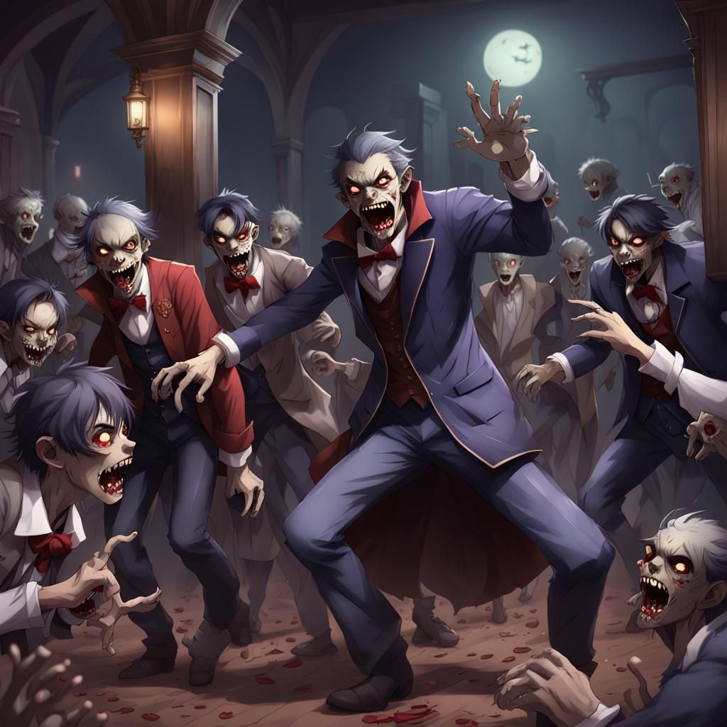 Zombies, Dracula, and Wolfman Halloween Party in Anime Style
