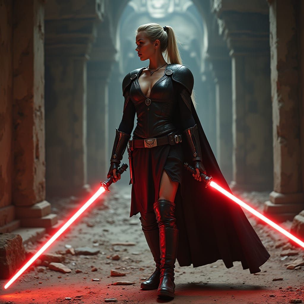 Sith Apprentice in Ruined Temple, Cinematic Style