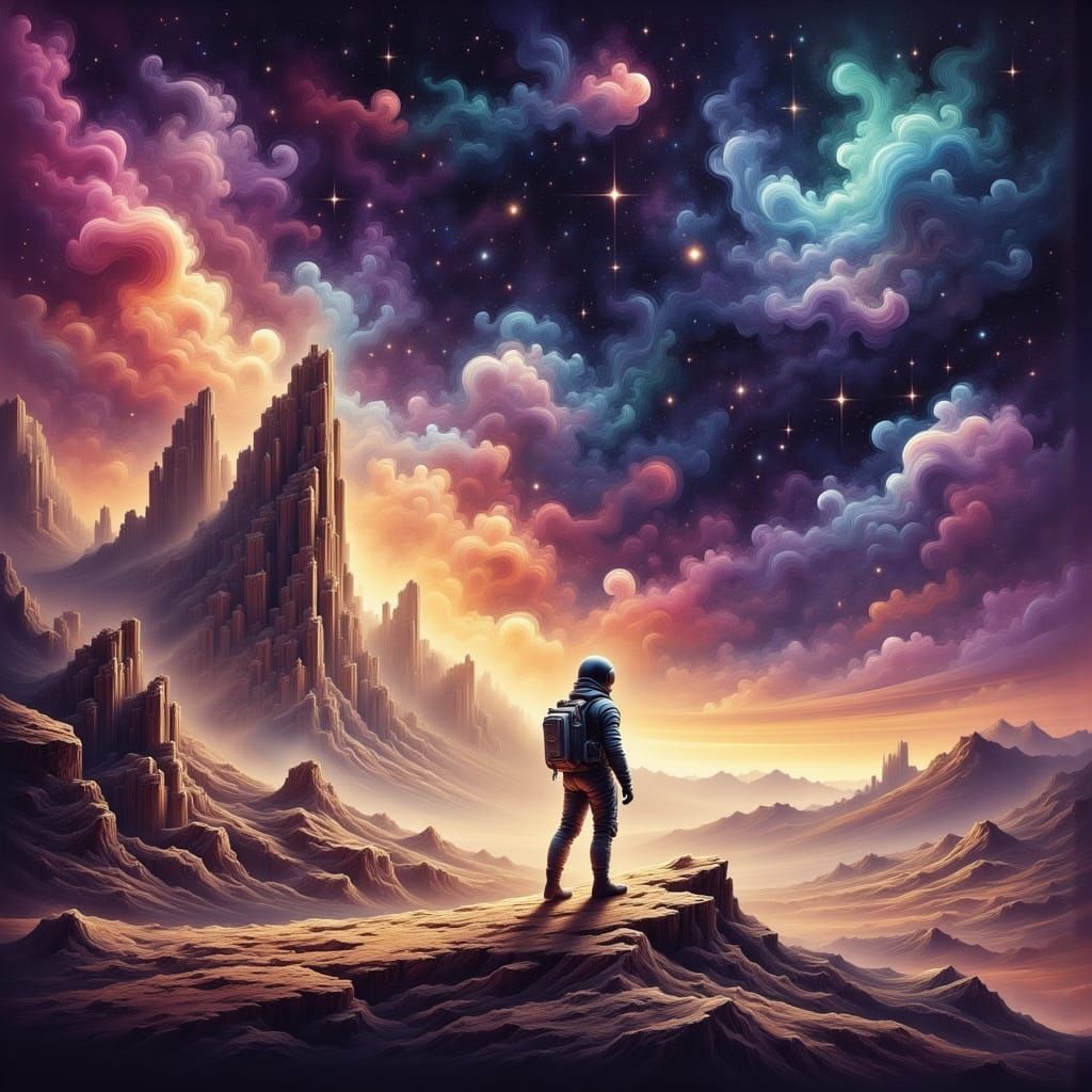 Astronaut Gazing at Nebula with Ruins, Airbrush Art