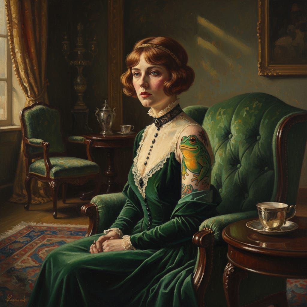 Victorian Lady with Modern Tattoo in Vermeer Style