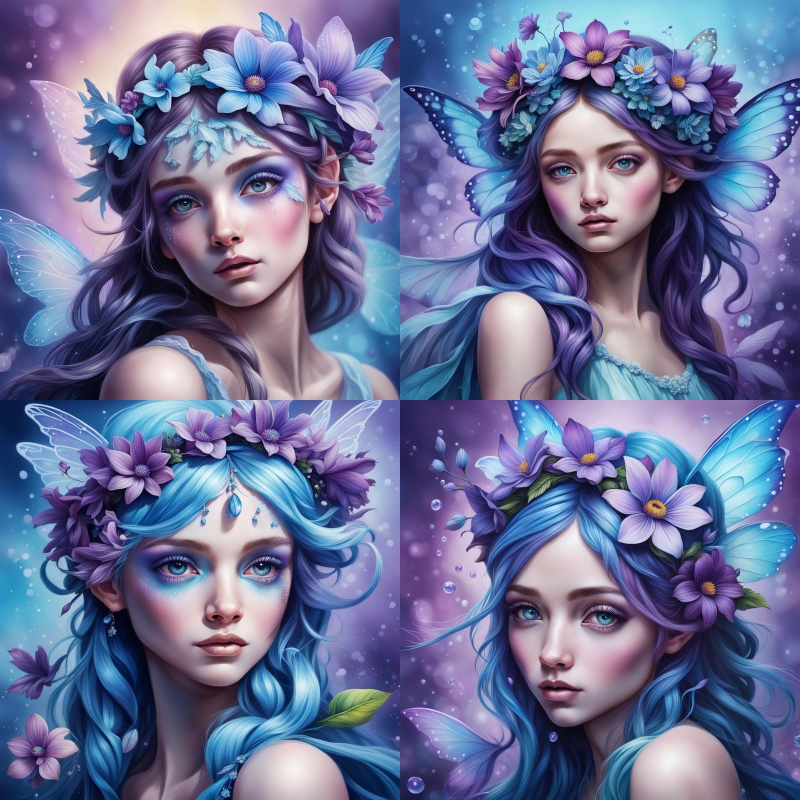 Hyperrealistic Fairy with Flower Headband in Blues
