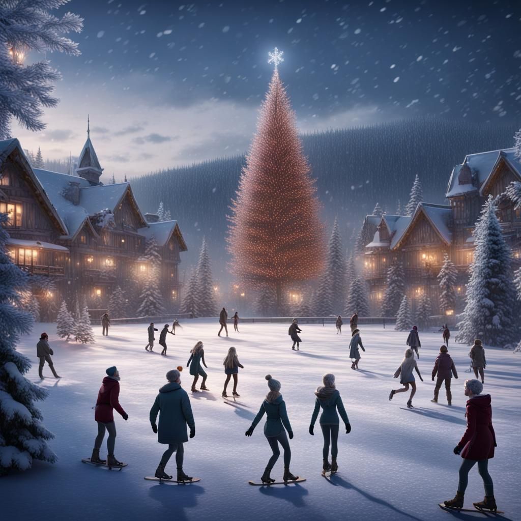 Frozen lake,  people skating, realistic faces snowing, christmas trees illuminated