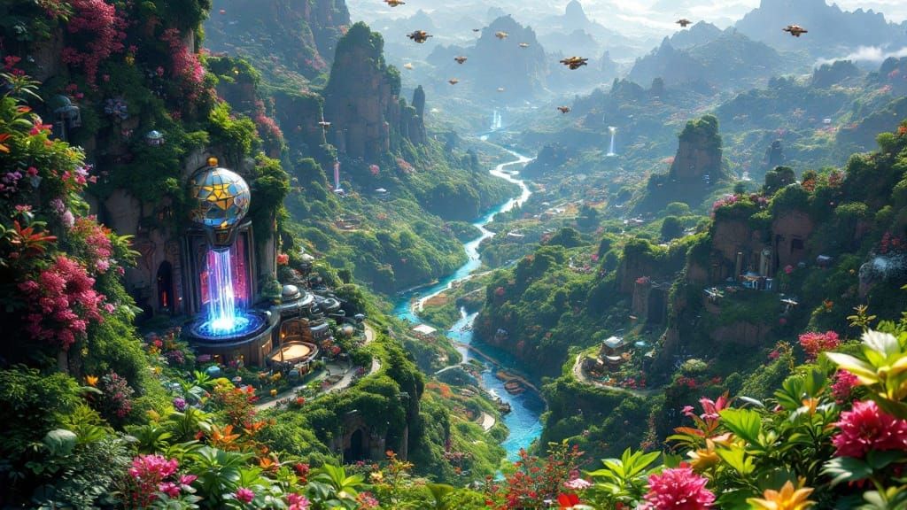 above view beautiful solarpunk aetherpunk idyllic utopian wo...