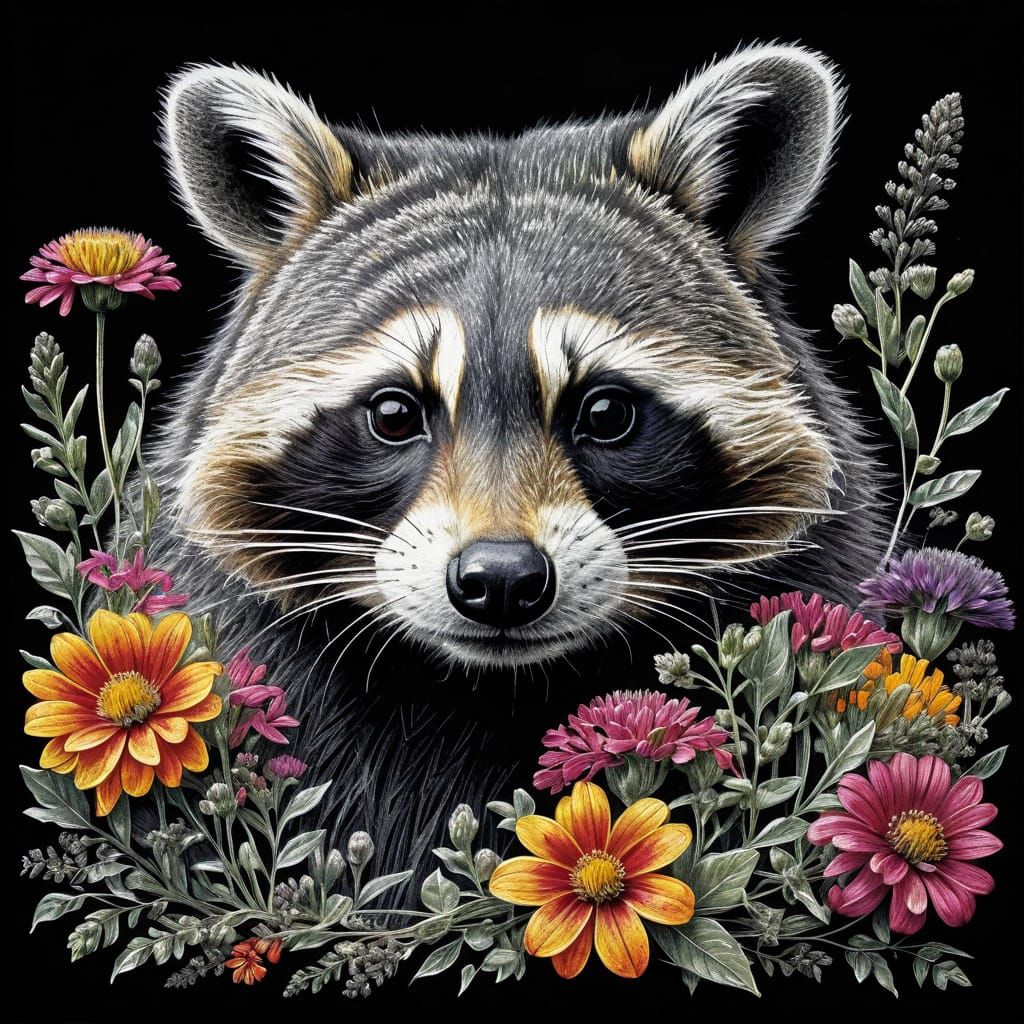 Detailed Chalk Raccoon Surrounded by Flowers